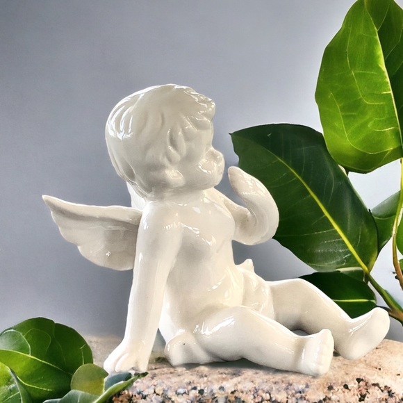 Unbranded Other - 🚩SOLD🚩 Vintage Ceramic Sitting Cherub Angel Figurine - 4” Mid-Century